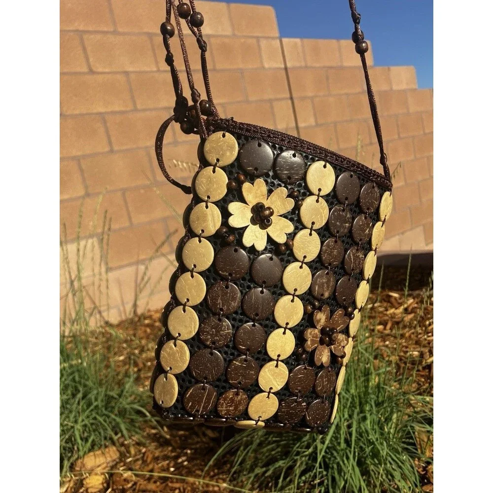7”x5” Beaded Crossbody Bag Purse Beige Brown Smooth Beads